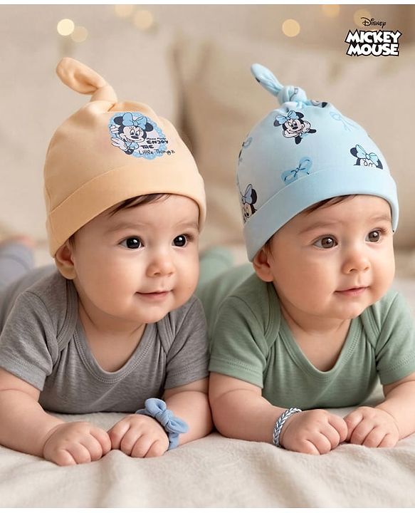Babyhug Disney Interlock Knit Cap With Minnie Mouse Graphics Pack of 2 Multicolor- Diameter 14 cm