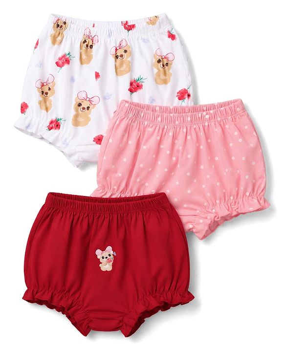 Babyhug 100% Cotton Single Jersey Knit Bear & Pola Dot Printed Bllomers Pack Of 3 - Multicolour