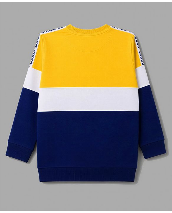 Pine Kids 100% Cotton Knit Full Sleeves Text Printed Sweatshirt - Yellow & Navy Blue