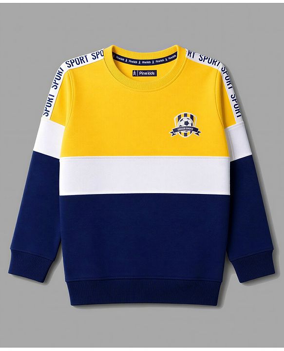Pine Kids 100% Cotton Knit Full Sleeves Text Printed Sweatshirt - Yellow & Navy Blue