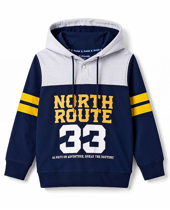 Pine Kids 100% Cotton Knit Full Sleeves Text Printed Hooded Sweatshirt - Navy Blue