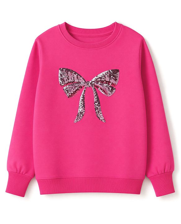 Pine Kids Cotton Knit Full Sleeves Sweatshirts With Sequin Detailing Bow - Pink