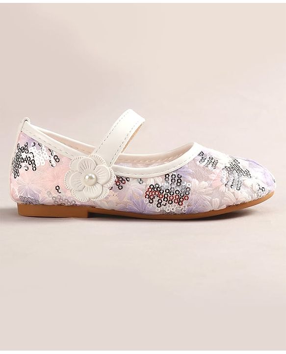 Cute Walk by Babyhug Velcro Closure Ballerina with Sequin Detailing & Floral Applique - Purple
