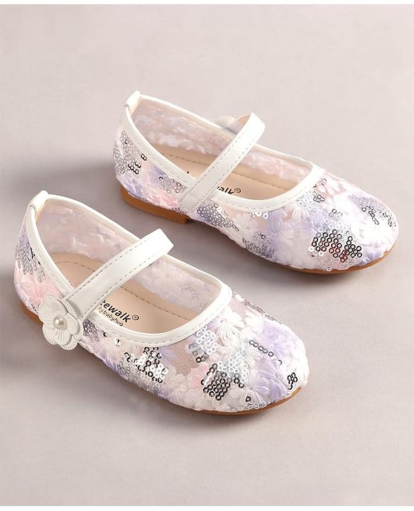 Cute Walk by Babyhug Velcro Closure Ballerina with Sequin Detailing & Floral Applique - Purple