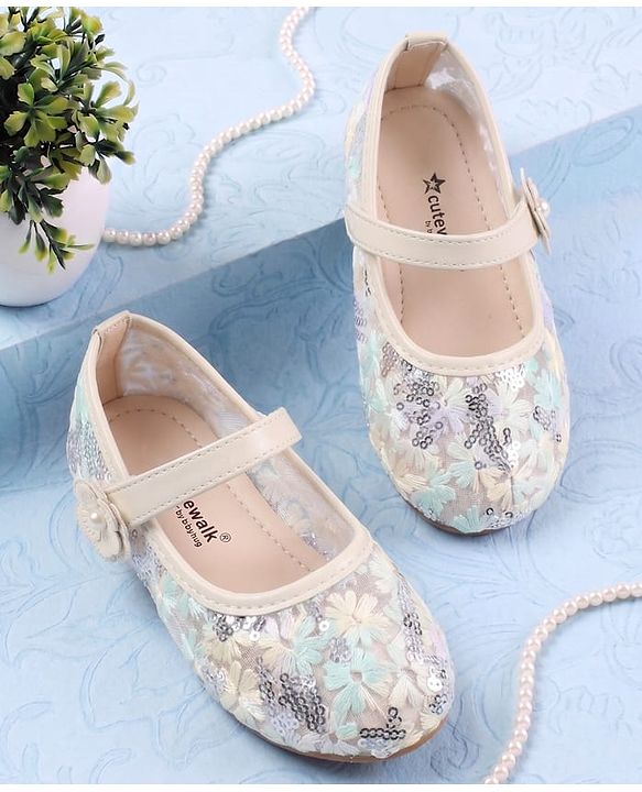 Cute Walk by Babyhug Velcro Closure Ballerina with Sequin Detailing & Floral Applique - Purple