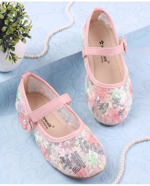 Cute Walk by Babyhug Velcro Closure Ballerina with Sequin Detailing & Floral Applique - Purple