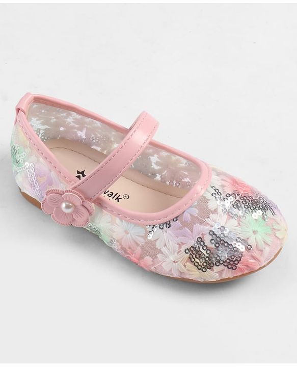 Cute Walk by Babyhug Velcro Closure Ballerina with Sequin Detailing & Floral Applique - Purple