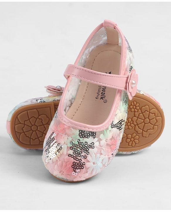Cute Walk by Babyhug Velcro Closure Ballerina with Sequin Detailing & Floral Applique - Purple