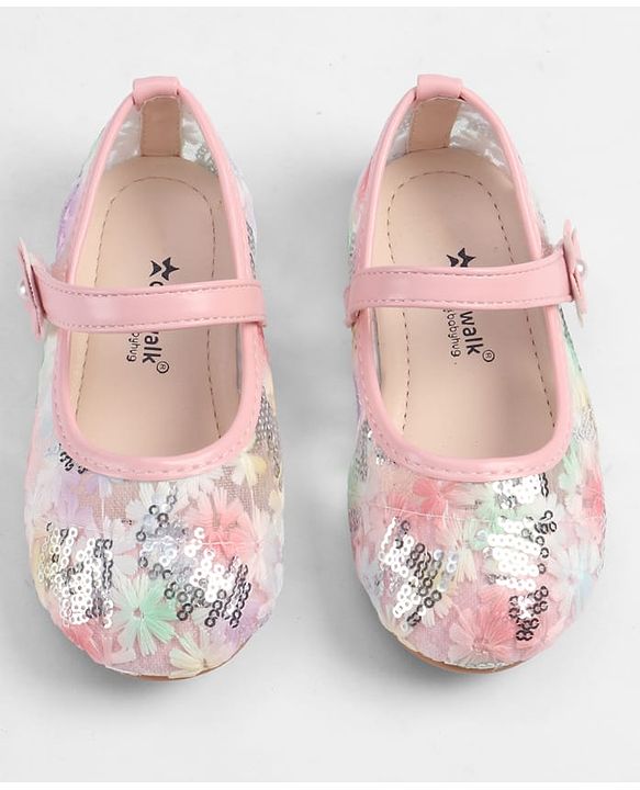 Cute Walk by Babyhug Velcro Closure Ballerina with Sequin Detailing & Floral Applique - Purple