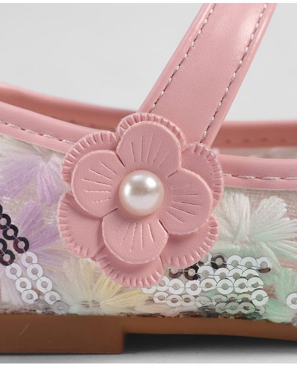 Cute Walk by Babyhug Velcro Closure Ballerina with Sequin Detailing & Floral Applique - Purple
