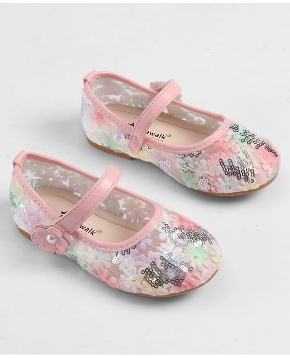 Cute Walk by Babyhug Velcro Closure Ballerina with Sequin Detailing & Floral Applique - Purple