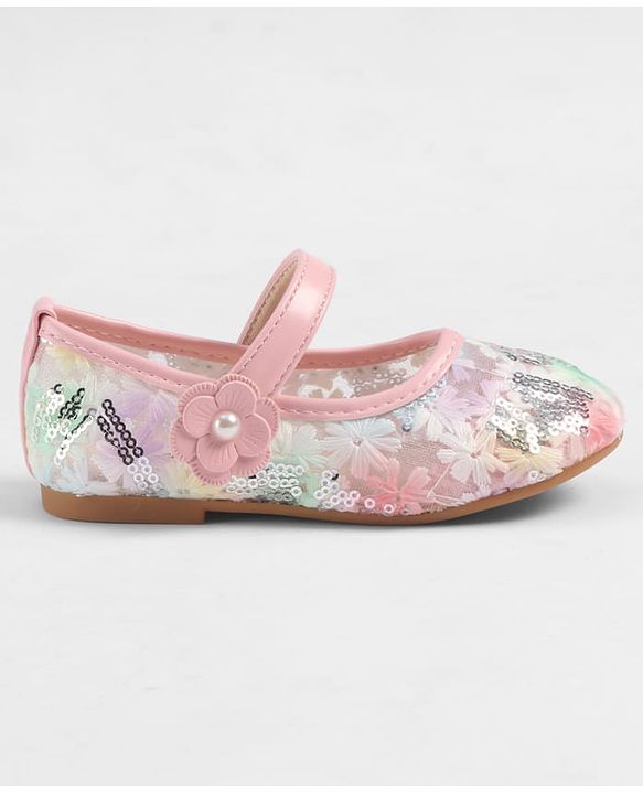 Cute Walk by Babyhug Velcro Closure Ballerina with Sequin Detailing & Floral Applique - Purple