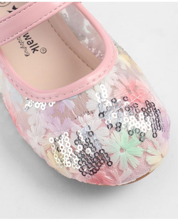 Cute Walk by Babyhug Velcro Closure Ballerina with Sequin Detailing & Floral Applique - Purple