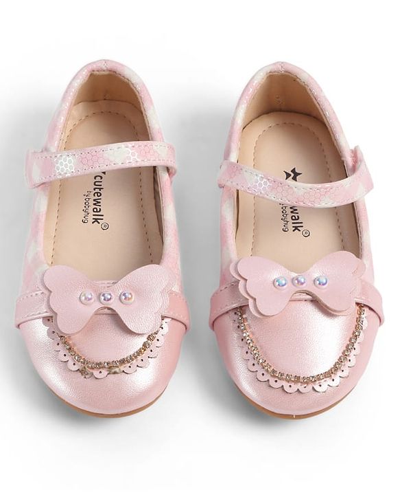 Cute Walk by Babyhug Velcro Closure Ballerina With Butterfly Applique & Pearl Embellishment - Pink