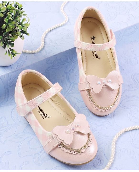 Cute Walk by Babyhug Velcro Closure Ballerina With Butterfly Applique & Pearl Embellishment - Pink