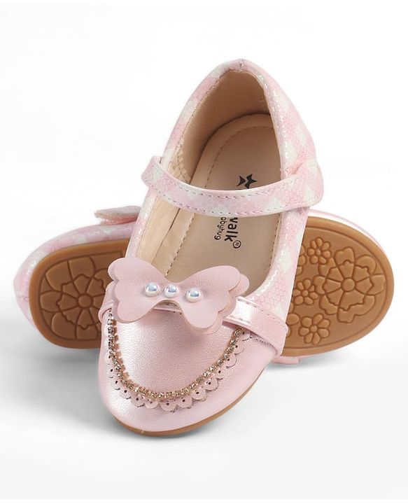 Cute Walk by Babyhug Velcro Closure Ballerina With Butterfly Applique & Pearl Embellishment - Pink