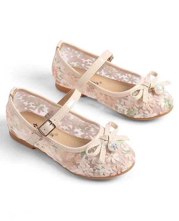 Cute Walk by Babyhug Buckle Closure Floral Embroidered Ballerina With Bow Applique - Beige