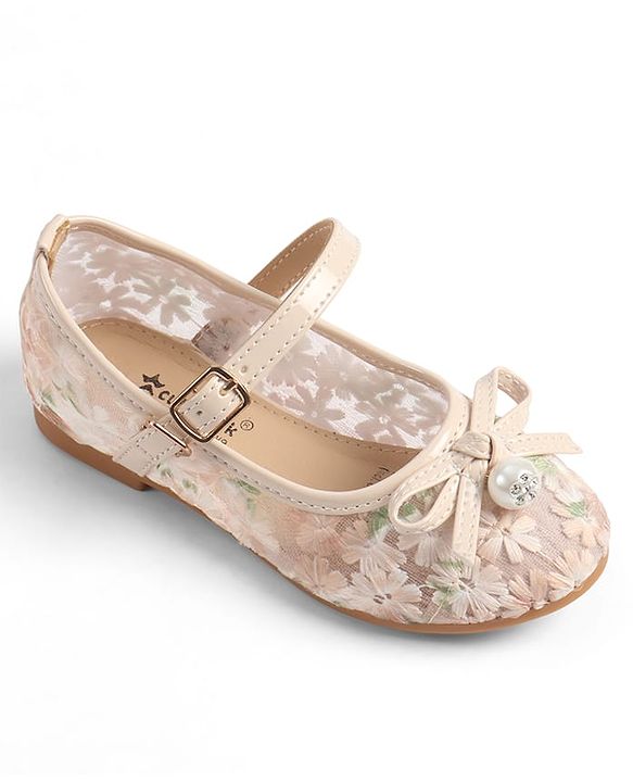 Cute Walk by Babyhug Buckle Closure Floral Embroidered Ballerina With Bow Applique - Beige