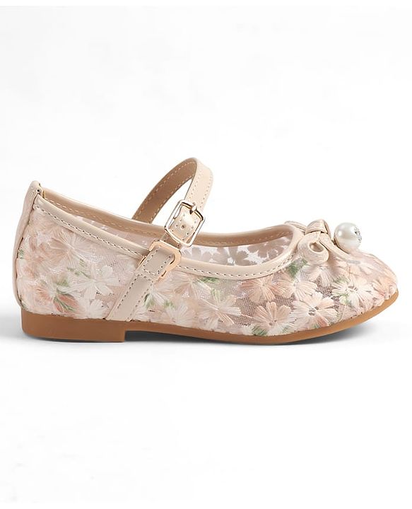 Cute Walk by Babyhug Buckle Closure Floral Embroidered Ballerina With Bow Applique - Beige