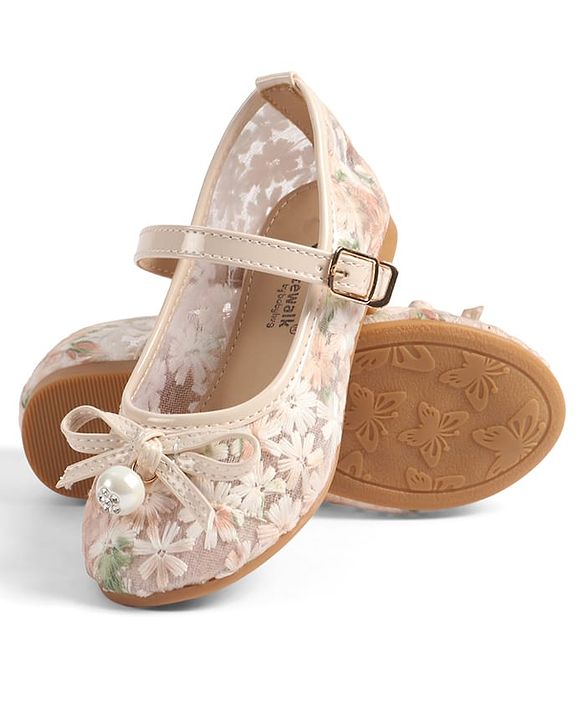 Cute Walk by Babyhug Buckle Closure Floral Embroidered Ballerina With Bow Applique - Beige