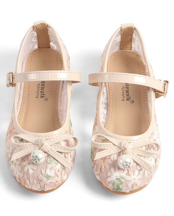 Cute Walk by Babyhug Buckle Closure Floral Embroidered Ballerina With Bow Applique - Beige