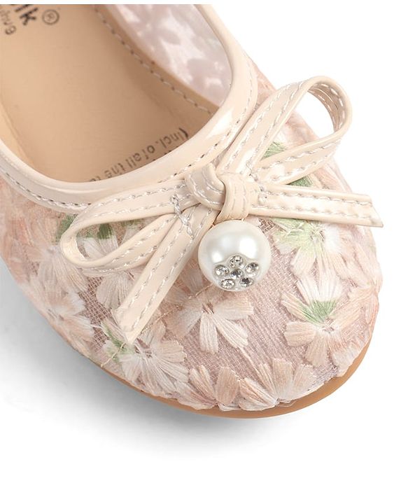 Cute Walk by Babyhug Buckle Closure Floral Embroidered Ballerina With Bow Applique - Beige
