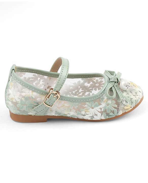 Cute Walk by Babyhug Buckle Closure Floral Embroidered Ballerina With Bow Applique - Beige