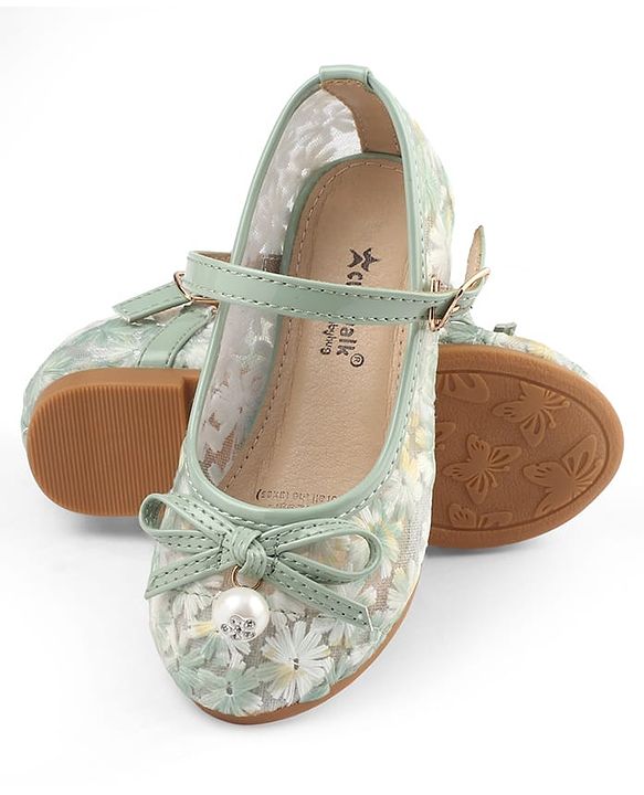 Cute Walk by Babyhug Buckle Closure Floral Embroidered Ballerina With Bow Applique - Beige