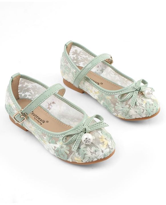 Cute Walk by Babyhug Buckle Closure Floral Embroidered Ballerina With Bow Applique - Beige