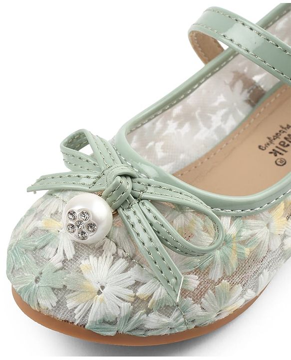 Cute Walk by Babyhug Buckle Closure Floral Embroidered Ballerina With Bow Applique - Beige