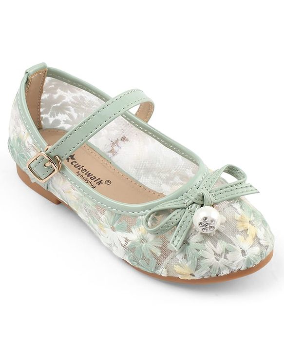 Cute Walk by Babyhug Buckle Closure Floral Embroidered Ballerina With Bow Applique - Beige