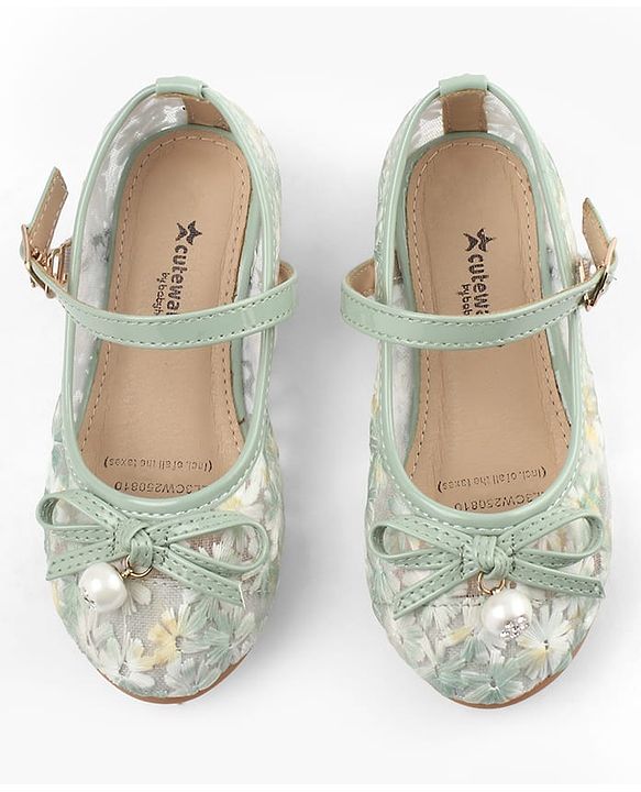 Cute Walk by Babyhug Buckle Closure Floral Embroidered Ballerina With Bow Applique - Beige
