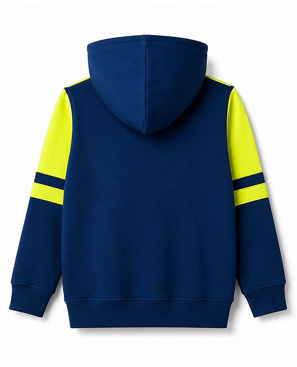 Pine Kids 100% Cotton Knit Full Sleeves Text Printed Hooded Sweatjacket With Kangaroo Pocket - Navy Blue