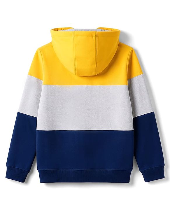 Pine Kids Cotton Knit Full Sleeves Hooded Sweat Jacket with Colour Block Design - Yellow White & Navy