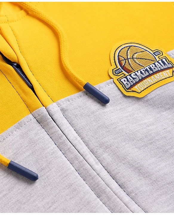 Pine Kids Cotton Knit Full Sleeves Hooded Sweat Jacket with Colour Block Design - Yellow White & Navy