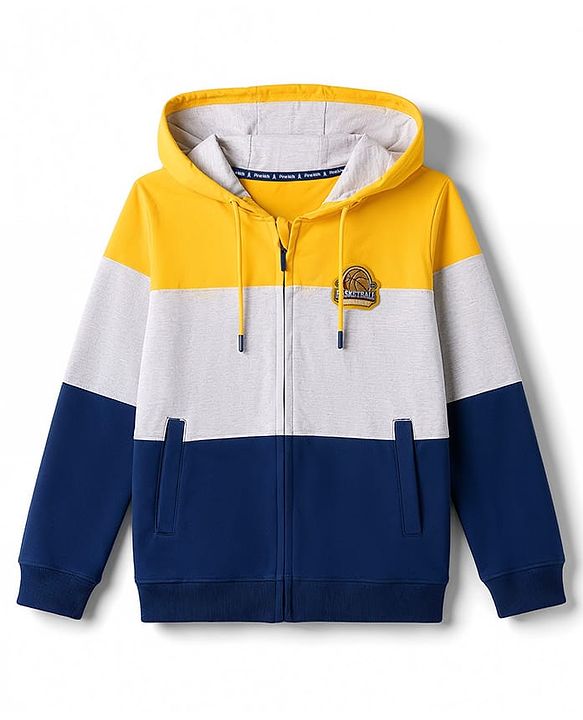 Pine Kids Cotton Knit Full Sleeves Hooded Sweat Jacket with Colour Block Design - Yellow White & Navy