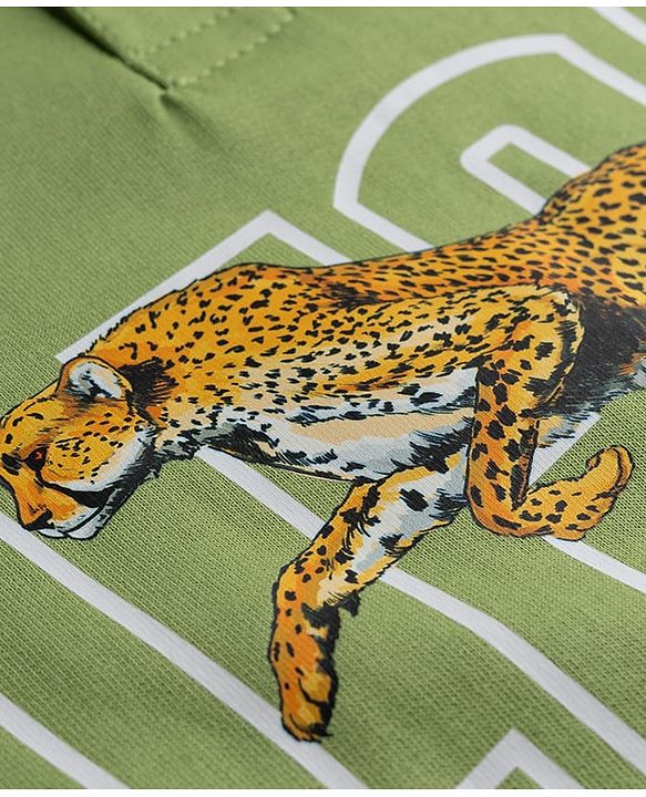Pine Kids Cotton Knit Hooded Neck Sweatshirt with Leopard Graphic Print Green 4-5 Years