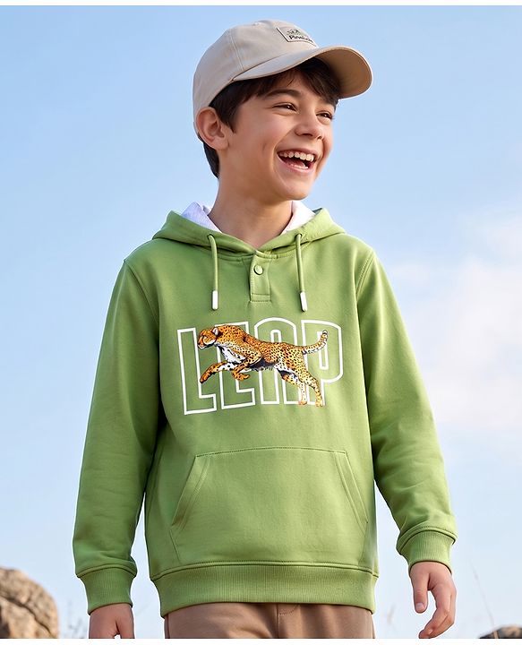 Pine Kids Cotton Knit Hooded Neck Sweatshirt with Leopard Graphic Print Green 4-5 Years