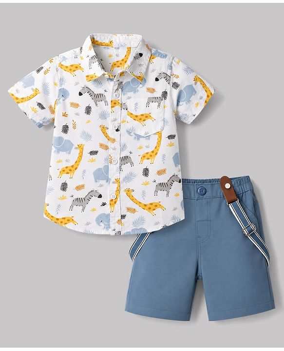 Babyhug Cotton Woven Half Sleeves Shirt & Shorts Set with Suspender & Jungle Theme Print - Blue & White