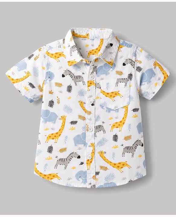 Babyhug Cotton Woven Half Sleeves Shirt & Shorts Set with Suspender & Jungle Theme Print - Blue & White