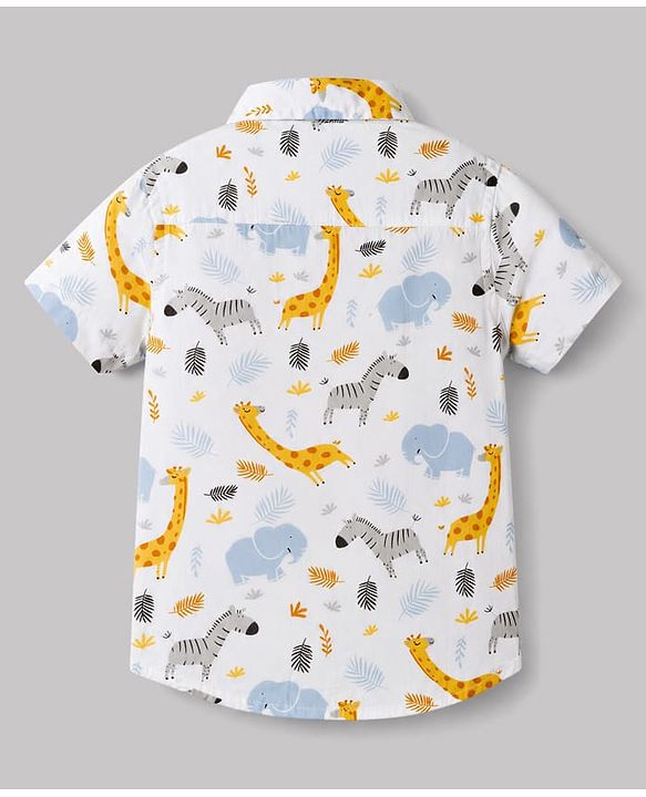 Babyhug Cotton Woven Half Sleeves Shirt & Shorts Set with Suspender & Jungle Theme Print - Blue & White
