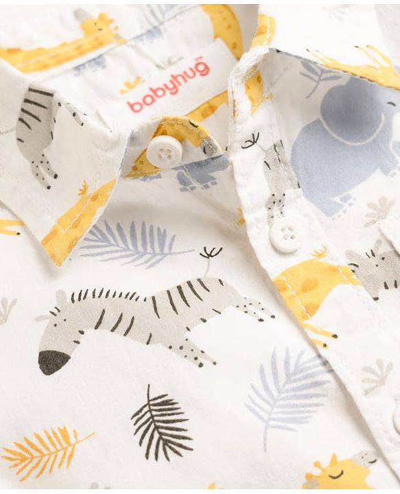 Babyhug Cotton Woven Half Sleeves Shirt & Shorts Set with Suspender & Jungle Theme Print - Blue & White