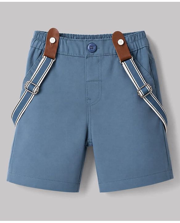 Babyhug Cotton Woven Half Sleeves Shirt & Shorts Set with Suspender & Jungle Theme Print - Blue & White