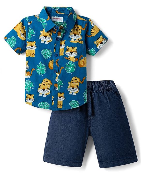 Babyhug Cotton Woven Half Sleeves Cubs Printed Shirt & Denim Shorts Set - Blue
