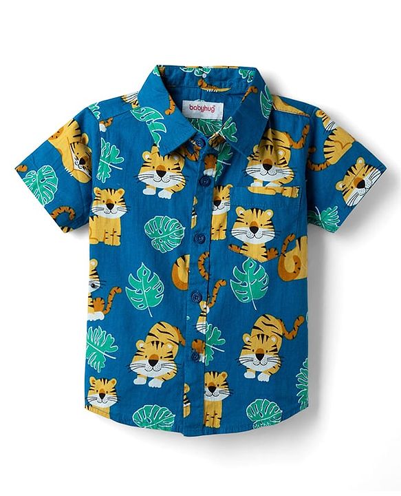 Babyhug Cotton Woven Half Sleeves Cubs Printed Shirt & Denim Shorts Set - Blue