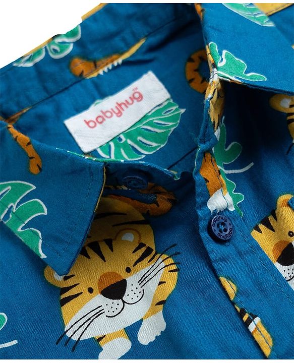 Babyhug Cotton Woven Half Sleeves Cubs Printed Shirt & Denim Shorts Set - Blue