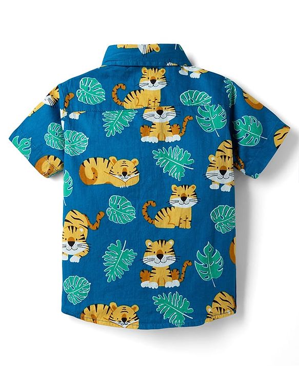 Babyhug Cotton Woven Half Sleeves Cubs Printed Shirt & Denim Shorts Set - Blue