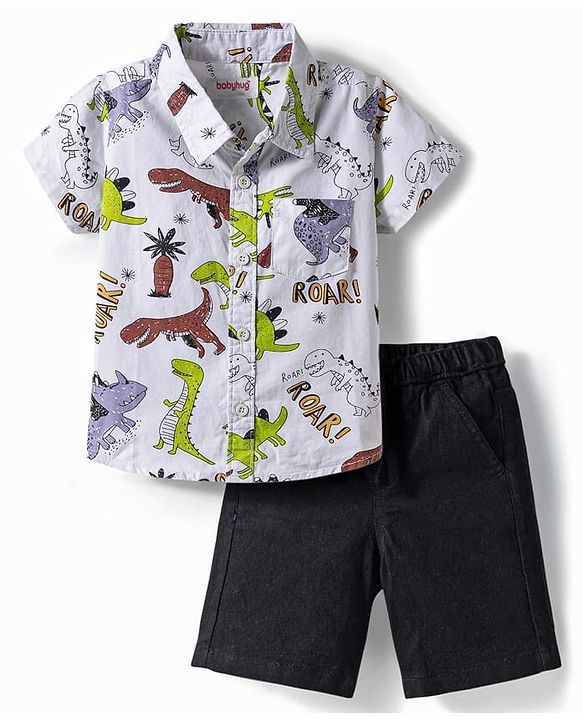 Babyhug Cotton Woven Half Sleeves Dino Printed Shirt & Denim Shorts Set - Multicolor