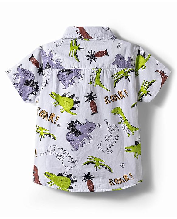Babyhug Cotton Woven Half Sleeves Dino Printed Shirt & Denim Shorts Set - Multicolor