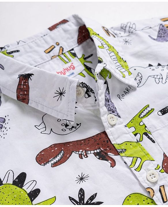 Babyhug Cotton Woven Half Sleeves Dino Printed Shirt & Denim Shorts Set - Multicolor